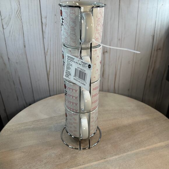 Hello Kitty Stackable Ceramic Mug Set of 4 with Metal Rack Sanrio NEW Cute - Picture 16 of 16